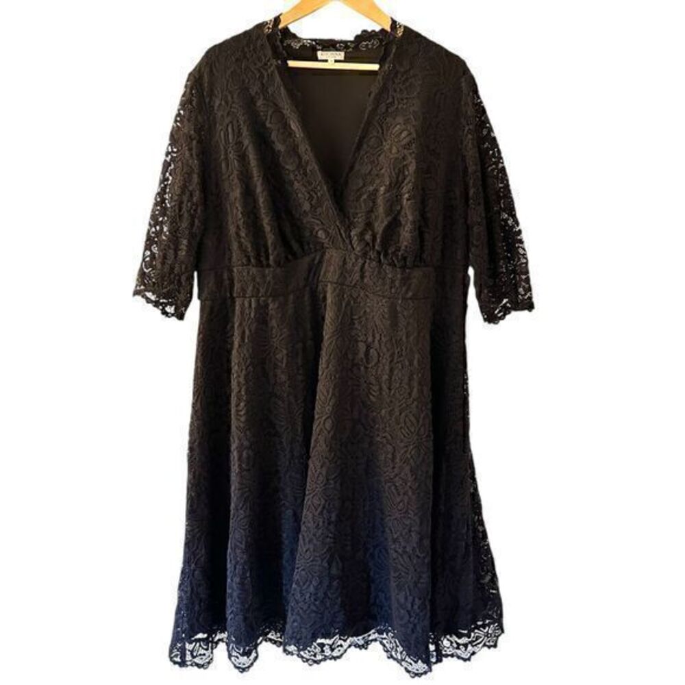 Kiyonna Black Lace V-Neck Short Sleeve Fit Flare Midi Cocktail Dress Plus Size 3